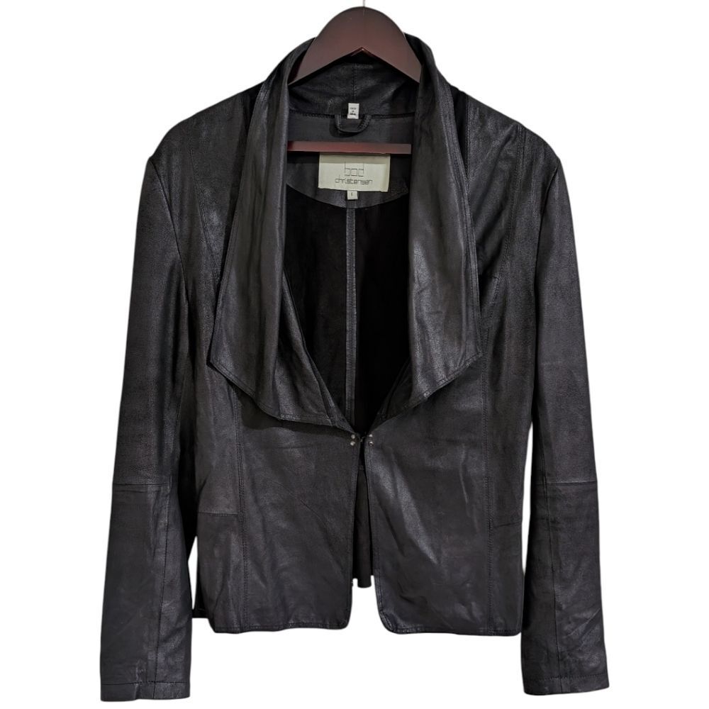Bod & Christensen Black Leather Draped Jacket w/ Back Ruffle - 6